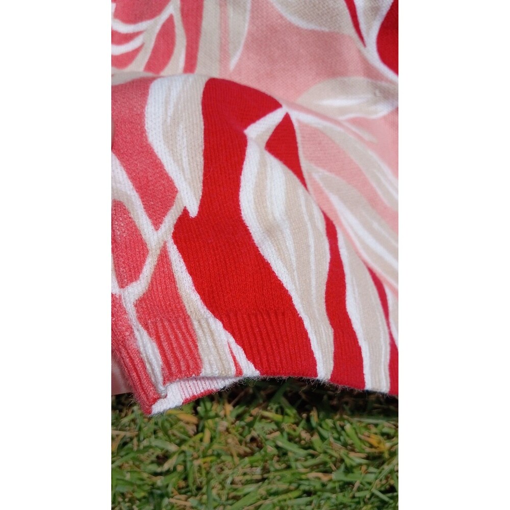Beachy Coral Pink Tropical Palm Leaf Knit Top Cap Sleeve 100% Cotton Resortwear - Picture 6 of 8